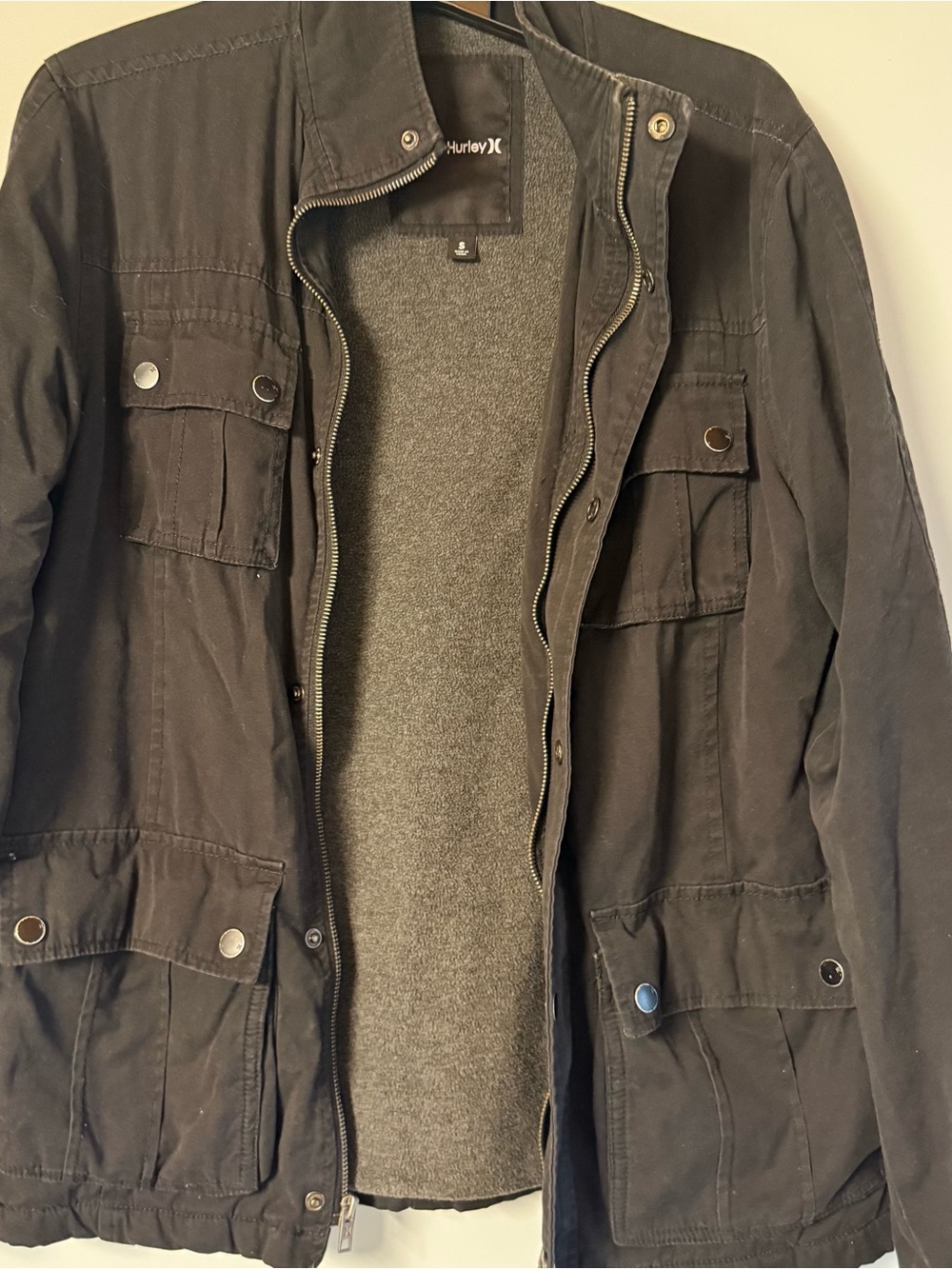 Hurley Men's Black Military Field Jacket with Multiple Pockets